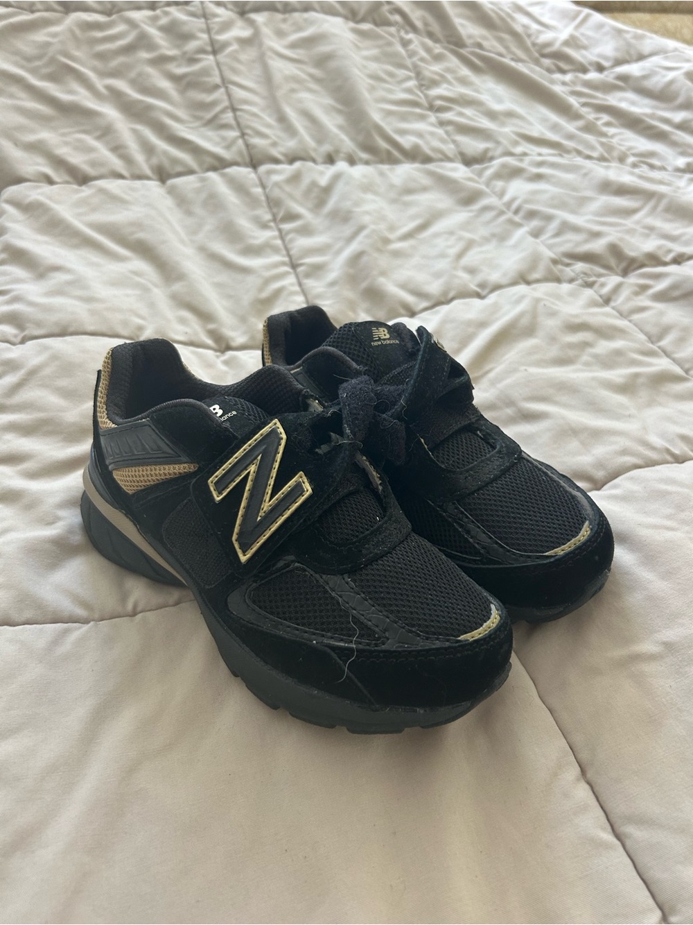 New Balance Kids Black and Gold Athletic Sneakers with Hook-and-Loop Strap